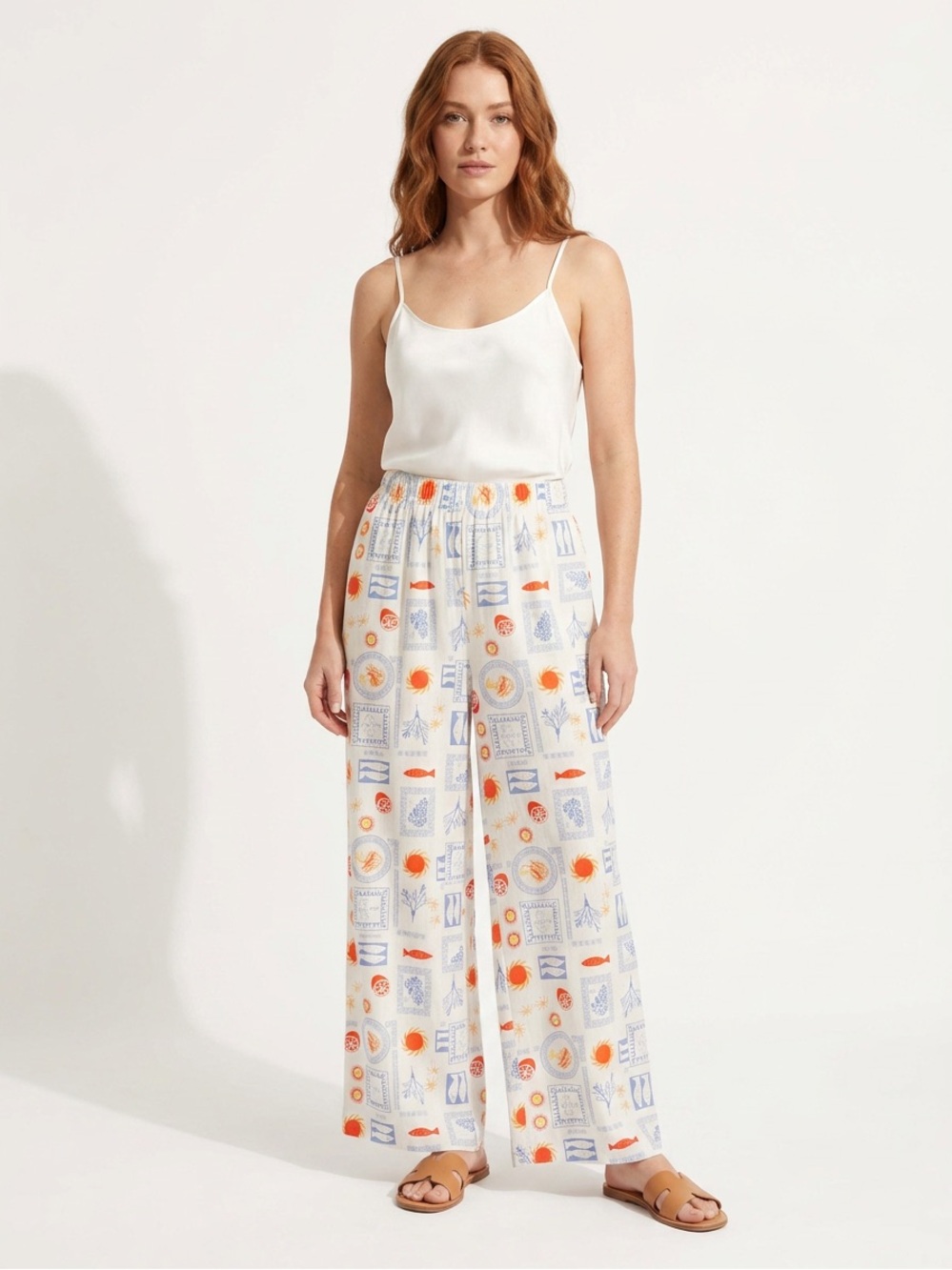 NWT Sincerely Jules Viscose Blend Wide Leg Pants White Blue Orange Print Sz M